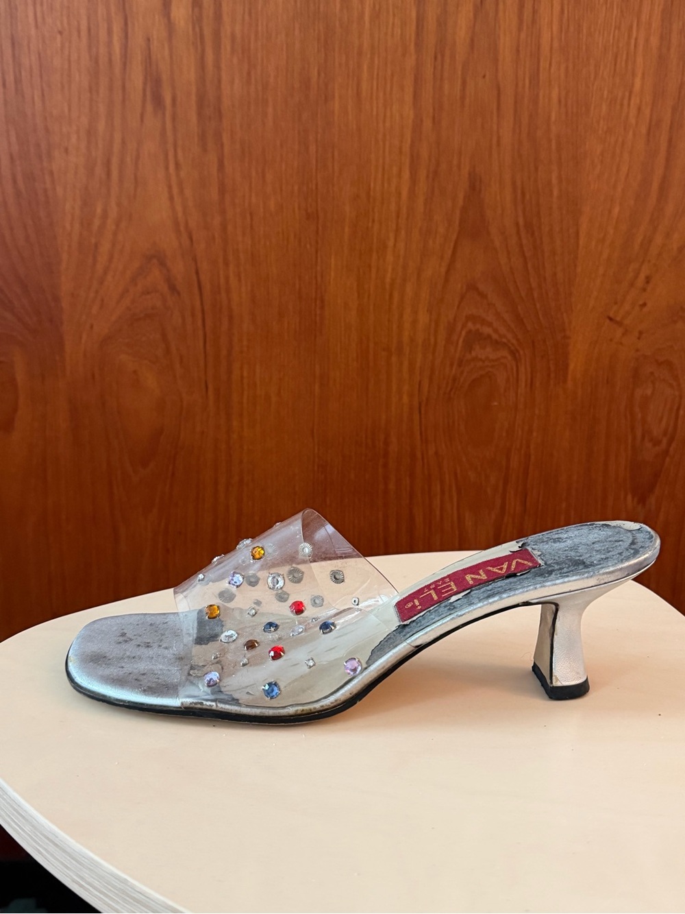Vaneli Silver Jeweled Clear Strap Mule